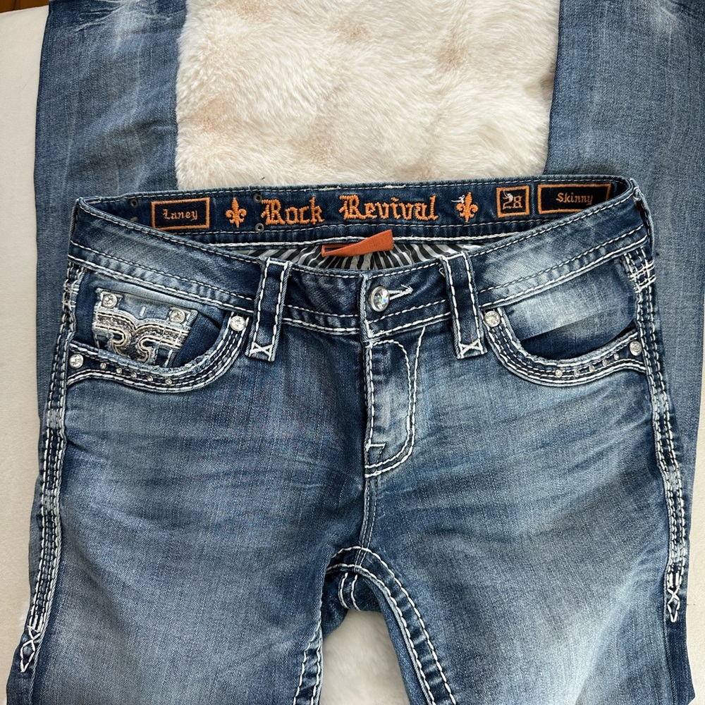 Rock Revival Laney Skinny Jeans - Faded Blue with White Stitching